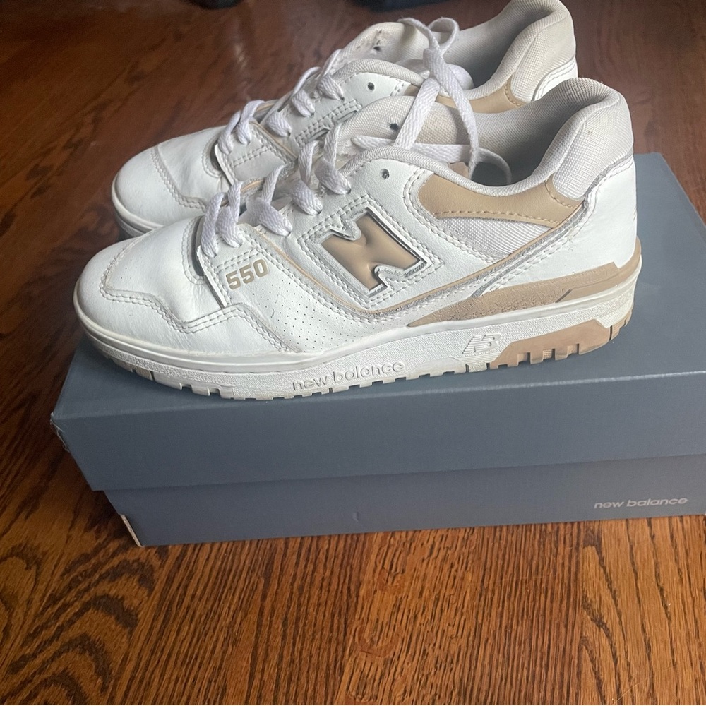New Balance White and Tan Sneakers Classic Athletic Style